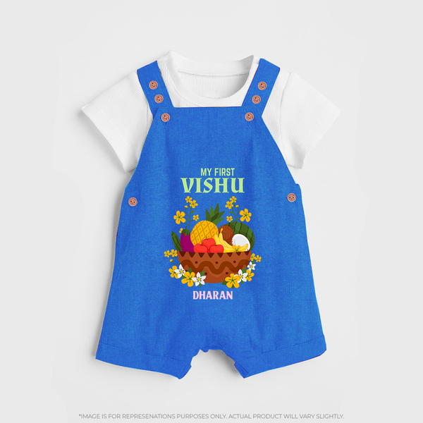 My First Vishu Janani Personalized Baby DUNGAREE – Vishu Kani Theme Outfit - COBALT BLUE - 0 - 5 Months Old (Chest 18")