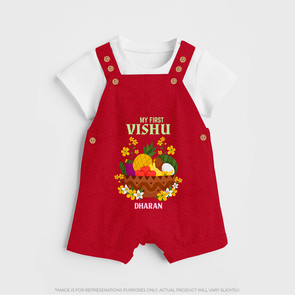 My First Vishu Janani Personalized Baby DUNGAREE – Vishu Kani Theme Outfit - RED - 0 - 5 Months Old (Chest 18")