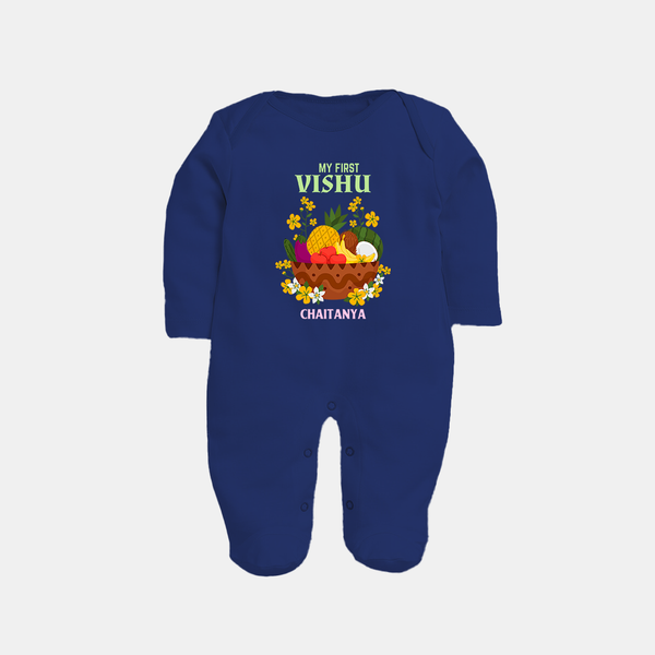 My First Vishu Janani Personalized Baby FULL BODY SUIT – Vishu Kani Theme Outfit - NAVY BLUE - New Born (Chest 7.5")