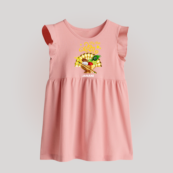 My First Vishu Madhavi Personalized Baby BABY FROCK – Malayalam Vishu Design Outfit - BABY PINK - 0 - 3 Months Old (Chest 17")