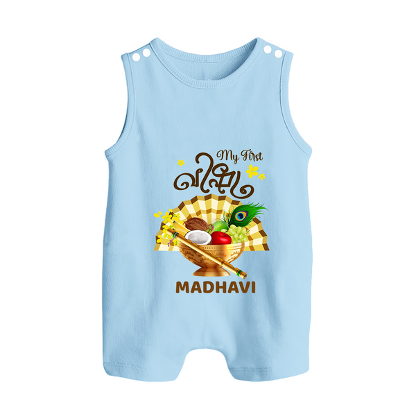 My First Vishu Madhavi Personalized Baby BUTTON ROMPER – Malayalam Vishu Design Outfit - BABY BLUE - New Born (Chest 18")