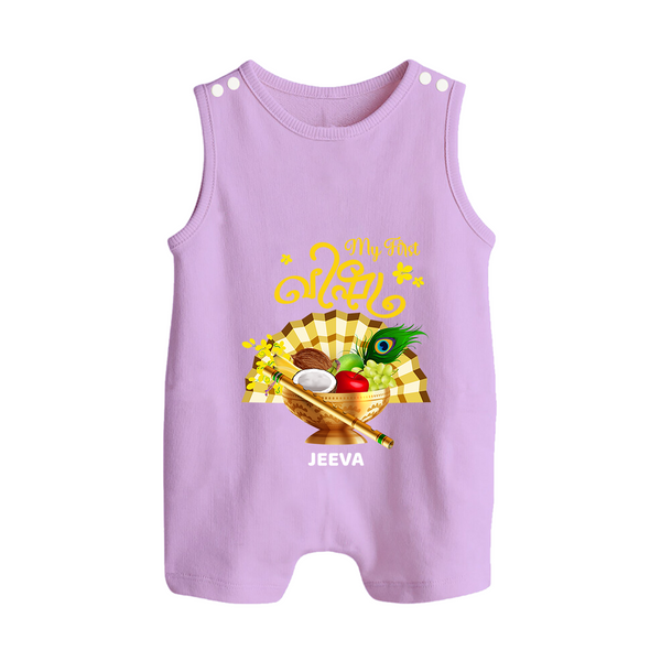 My First Vishu Madhavi Personalized Baby BUTTON ROMPER – Malayalam Vishu Design Outfit - LILAC - New Born (Chest 18")