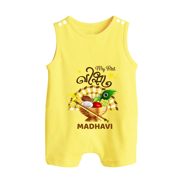 My First Vishu Madhavi Personalized Baby BUTTON ROMPER – Malayalam Vishu Design Outfit - PASTEL YELLOW - New Born (Chest 18")