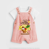 My First Vishu Madhavi Personalized Baby DUNGAREE – Malayalam Vishu Design Outfit - PEACH - 0 - 5 Months Old (Chest 18")
