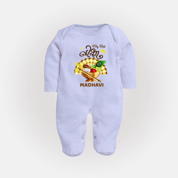 My First Vishu Madhavi Personalized Baby FULL BODY SUIT – Malayalam Vishu Design Outfit - BABY BLUE - New Born (Chest 7.5")