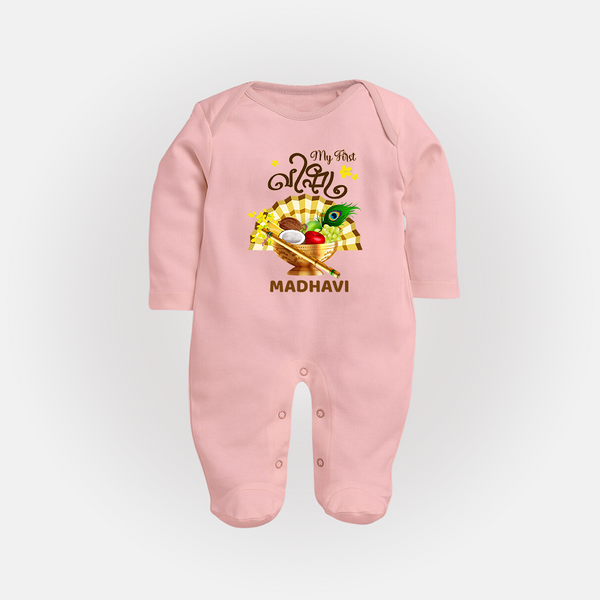 My First Vishu Madhavi Personalized Baby FULL BODY SUIT – Malayalam Vishu Design Outfit - BABY PINK - New Born (Chest 7.5")
