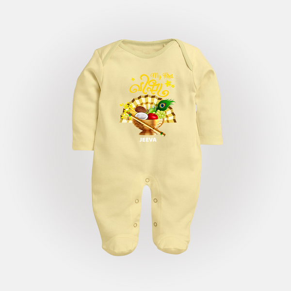 My First Vishu Madhavi Personalized Baby FULL BODY SUIT – Malayalam Vishu Design Outfit - PASTEL YELLOW - New Born (Chest 7.5")