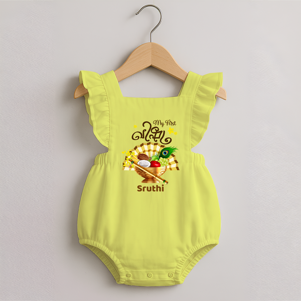 My First Vishu Madhavi Personalized Baby ROMPER FROCK – Malayalam Vishu Design Outfit - PASTEL YELLOW - 0 - 3 Months Old (Chest 19")