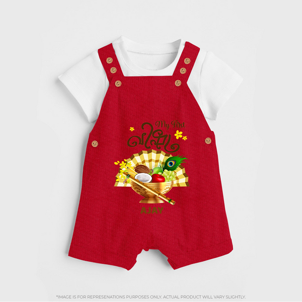 My First Vishu Madhavi Personalized Baby DUNGAREE – Malayalam Vishu Design Outfit - RED - 0 - 5 Months Old (Chest 18")
