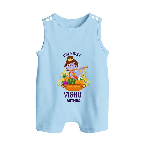 My First Vishu Mithra Personalized Baby BUTTON ROMPER – Krishna Vishu Theme Outfit - BABY BLUE - New Born (Chest 18")