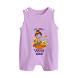 My First Vishu Mithra Personalized Baby BUTTON ROMPER – Krishna Vishu Theme Outfit - LILAC - New Born (Chest 18")