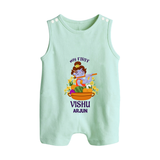 My First Vishu Mithra Personalized Baby BUTTON ROMPER – Krishna Vishu Theme Outfit - MINT GREEN - New Born (Chest 18")
