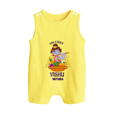 My First Vishu Mithra Personalized Baby BUTTON ROMPER – Krishna Vishu Theme Outfit - PASTEL YELLOW - New Born (Chest 18")