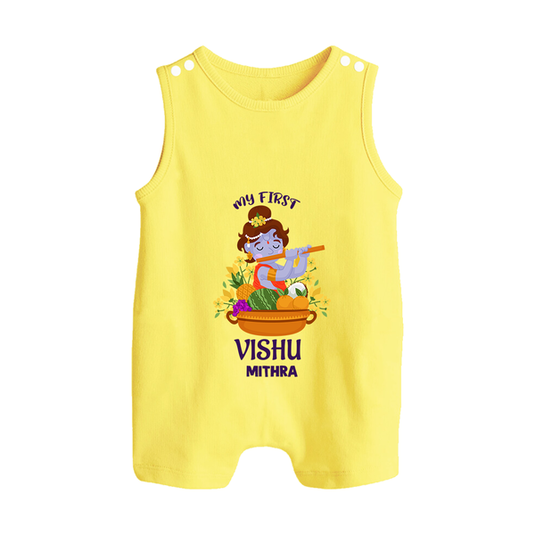 My First Vishu Mithra Personalized Baby BUTTON ROMPER – Krishna Vishu Theme Outfit - PASTEL YELLOW - New Born (Chest 18")