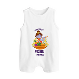 My First Vishu Mithra Personalized Baby BUTTON ROMPER – Krishna Vishu Theme Outfit - WHITE - New Born (Chest 18")