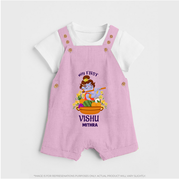 My First Vishu Mithra Personalized Baby DUNGAREE – Krishna Vishu Theme Outfit - BABY PINK - 0 - 5 Months Old (Chest 18")