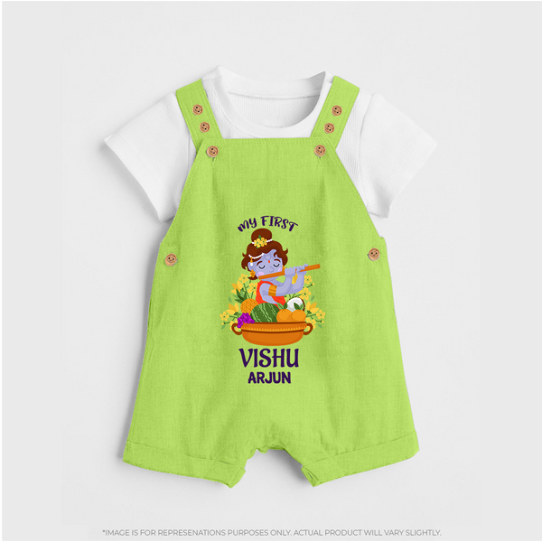 My First Vishu Mithra Personalized Baby DUNGAREE – Krishna Vishu Theme Outfit - GREEN - 0 - 5 Months Old (Chest 18")
