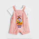 My First Vishu Mithra Personalized Baby DUNGAREE – Krishna Vishu Theme Outfit - PEACH - 0 - 5 Months Old (Chest 18")