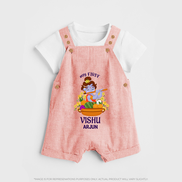 My First Vishu Mithra Personalized Baby DUNGAREE – Krishna Vishu Theme Outfit - PEACH - 0 - 5 Months Old (Chest 18")