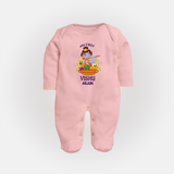My First Vishu Mithra Personalized Baby FULL BODY SUIT – Krishna Vishu Theme Outfit - BABY PINK - New Born (Chest 7.5")