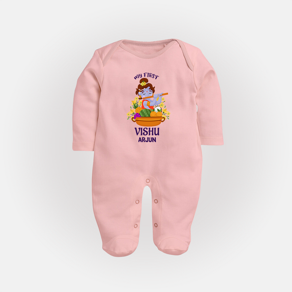 My First Vishu Mithra Personalized Baby FULL BODY SUIT – Krishna Vishu Theme Outfit - BABY PINK - New Born (Chest 7.5")