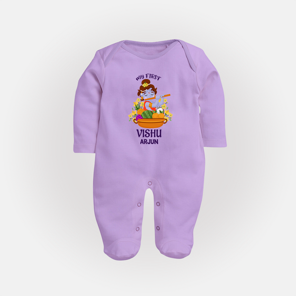 My First Vishu Mithra Personalized Baby FULL BODY SUIT – Krishna Vishu Theme Outfit - LILAC - New Born (Chest 7.5")