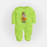 My First Vishu Mithra Personalized Baby FULL BODY SUIT – Krishna Vishu Theme Outfit - LIME GREEN - New Born (Chest 7.5")