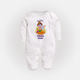 My First Vishu Mithra Personalized Baby FULL BODY SUIT – Krishna Vishu Theme Outfit - WHITE - New Born (Chest 7.5")