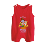My First Vishu Mithra Personalized Baby BUTTON ROMPER – Krishna Vishu Theme Outfit - RED - New Born (Chest 18")