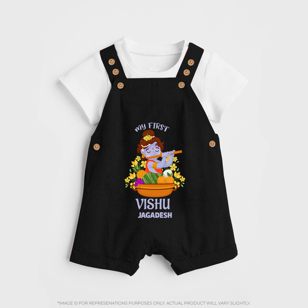 My First Vishu Mithra Personalized Baby DUNGAREE – Krishna Vishu Theme Outfit - BLACK - 0 - 5 Months Old (Chest 18")