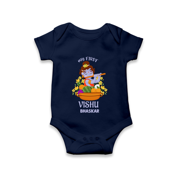 My First Vishu Mithra Personalized Baby Romper – Krishna Vishu Theme Outfit - NAVY BLUE - New Born (Chest 14")