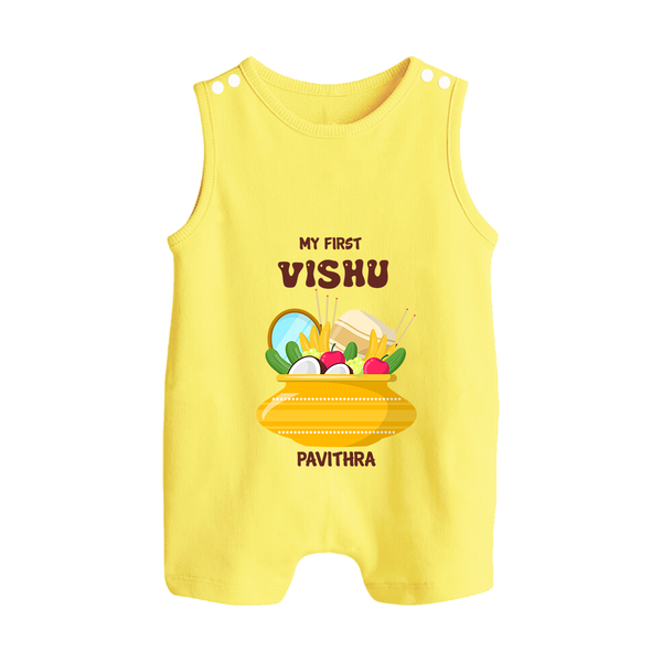 My First Vishu Pavithra Personalized Baby BUTTON ROMPER – Traditional Vishu Pot Outfit - PASTEL YELLOW - New Born (Chest 18")