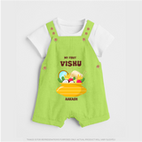 My First Vishu Pavithra Personalized Baby DUNGAREE – Traditional Vishu Pot Outfit - GREEN - 0 - 5 Months Old (Chest 18")