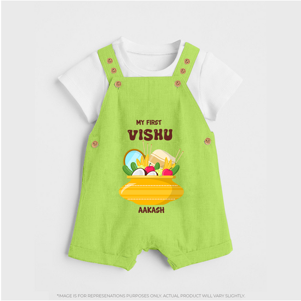 My First Vishu Pavithra Personalized Baby DUNGAREE – Traditional Vishu Pot Outfit - GREEN - 0 - 5 Months Old (Chest 18")