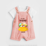 My First Vishu Pavithra Personalized Baby DUNGAREE – Traditional Vishu Pot Outfit - PEACH - 0 - 5 Months Old (Chest 18")
