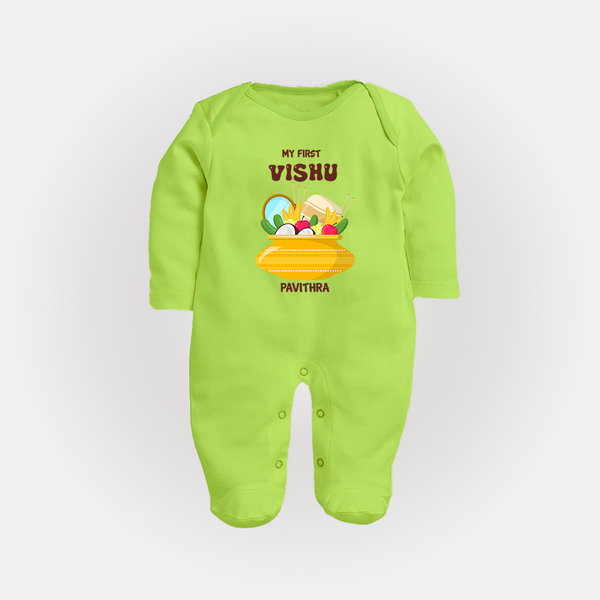 My First Vishu Pavithra Personalized Baby FULL BODY SUIT – Traditional Vishu Pot Outfit - LIME GREEN - New Born (Chest 7.5")