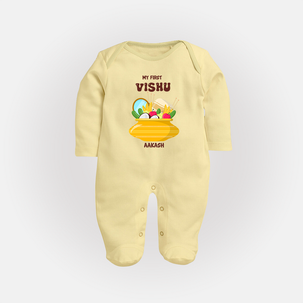 My First Vishu Pavithra Personalized Baby FULL BODY SUIT – Traditional Vishu Pot Outfit - PASTEL YELLOW - New Born (Chest 7.5")