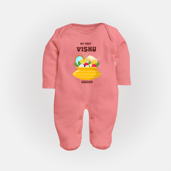 My First Vishu Pavithra Personalized Baby FULL BODY SUIT – Traditional Vishu Pot Outfit - PEACH - New Born (Chest 7.5")