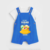 My First Vishu Pavithra Personalized Baby DUNGAREE – Traditional Vishu Pot Outfit - COBALT BLUE - 0 - 5 Months Old (Chest 18")