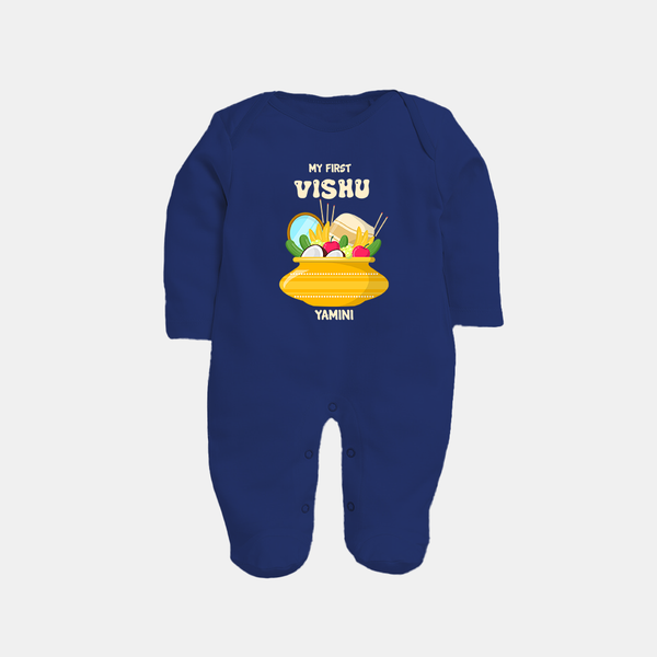 My First Vishu Pavithra Personalized Baby FULL BODY SUIT – Traditional Vishu Pot Outfit - NAVY BLUE - New Born (Chest 7.5")