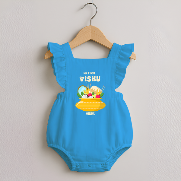 My First Vishu Pavithra Personalized Baby ROMPER FROCK – Traditional Vishu Pot Outfit - SKY BLUE - 0 - 3 Months Old (Chest 19")