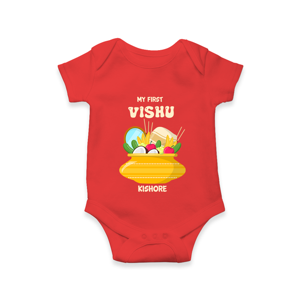 My First Vishu Pavithra Personalized Baby Romper – Traditional Vishu Pot Outfit - RED - New Born (Chest 14")
