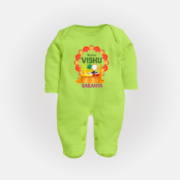 My First Vishu Saranya Personalized Baby FULL BODY SUIT – Festive Vishu Mandala Outfit - LIME GREEN - New Born (Chest 7.5")