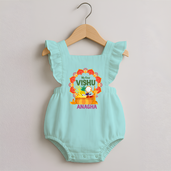 My First Vishu Saranya Personalized Baby ROMPER FROCK – Festive Vishu Mandala Outfit - MINT GREEN - 0 - 3 Months Old (Chest 19")