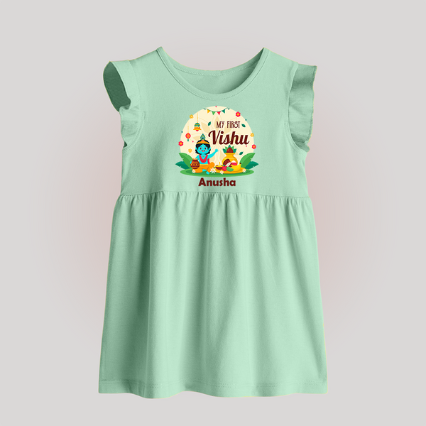 My First Vishu Baby BABY FROCK – Krishna Vishu Celebration Theme - MINT GREEN - 0 - 3 Months Old (Chest 17")