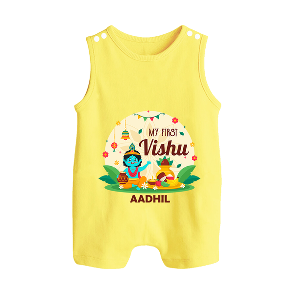 My First Vishu Baby BUTTON ROMPER – Krishna Vishu Celebration Theme - PASTEL YELLOW - New Born (Chest 18")