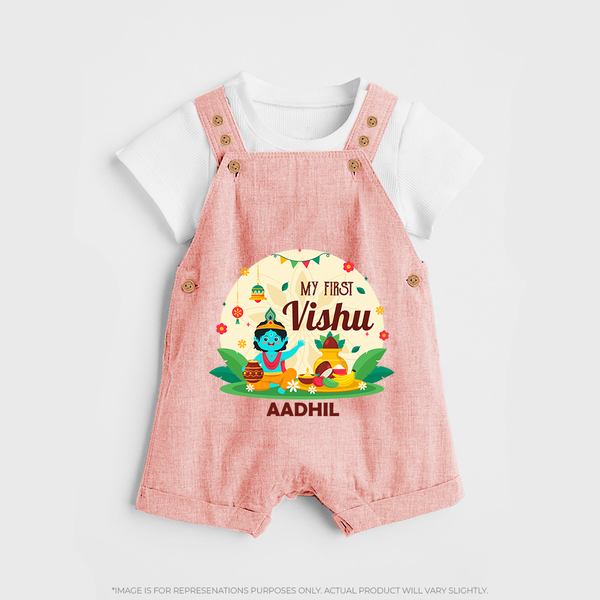 My First Vishu Baby DUNGAREE – Krishna Vishu Celebration Theme - PEACH - 0 - 5 Months Old (Chest 18")
