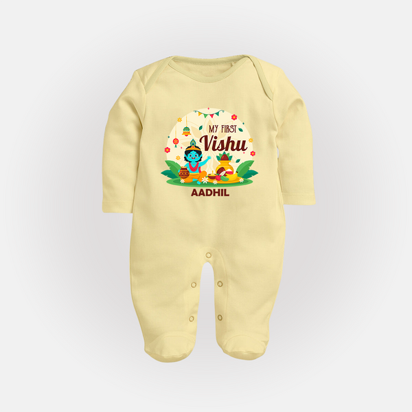 My First Vishu Baby FULL BODY SUIT – Krishna Vishu Celebration Theme - PASTEL YELLOW - New Born (Chest 7.5")