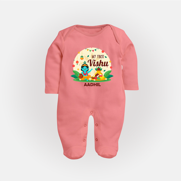 My First Vishu Baby FULL BODY SUIT – Krishna Vishu Celebration Theme - PEACH - New Born (Chest 7.5")