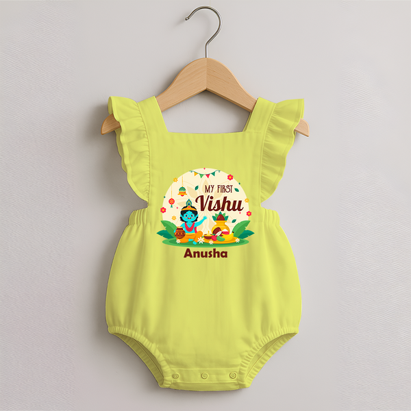 My First Vishu Baby ROMPER FROCK – Krishna Vishu Celebration Theme - PASTEL YELLOW - 0 - 3 Months Old (Chest 19")